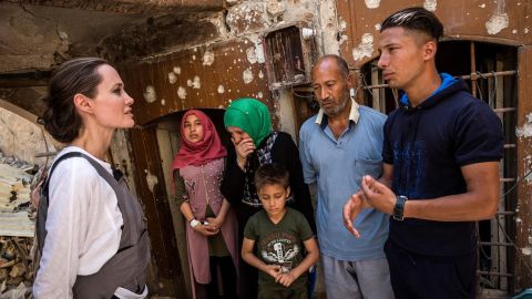 UNHCR Special Envoy Angelina Jolie meets on June 16, 2018, with a family in Mosul, Iraq.
