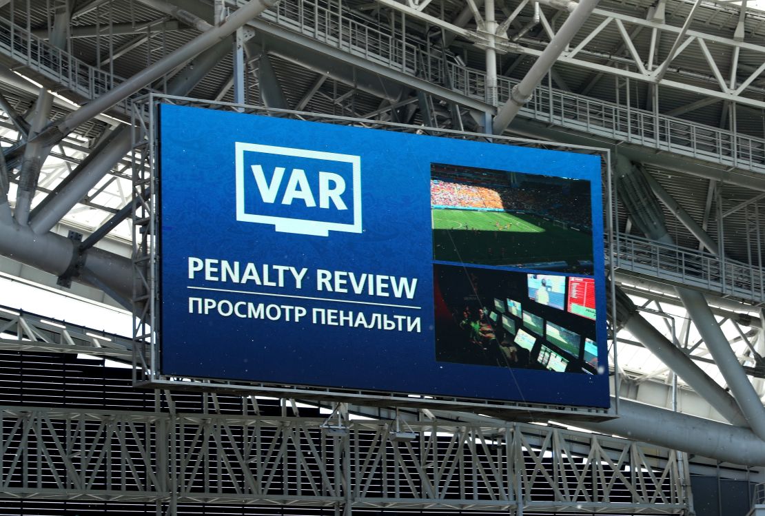The VAR decision appears on the big screen inside the Kazan Arena.