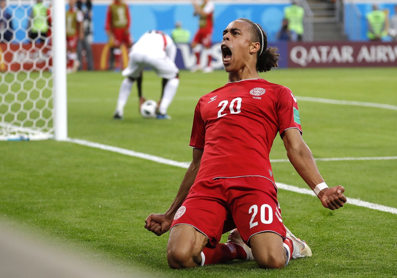Denmark's Yussuf Poulsen reacts after he scored a goal against Peru on June 16. It turned out to be the only goal in the match.