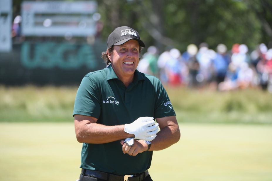 <strong>Day three: </strong>Birthday boy Phil Mickelson (48) sparked controversy as he ran after a still moving putt and hit it back towards the hole. Mickelson later said he was fed up with going back and forth and "you take your two-shot penalty and move on." He denied he was being disrespectful.