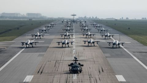 US military aircraft conduct an "elephant walk" exercise at Kadena Air Base on Okinawa in 2017. Experts fear US forces in Japan are concentrated on too few bases.