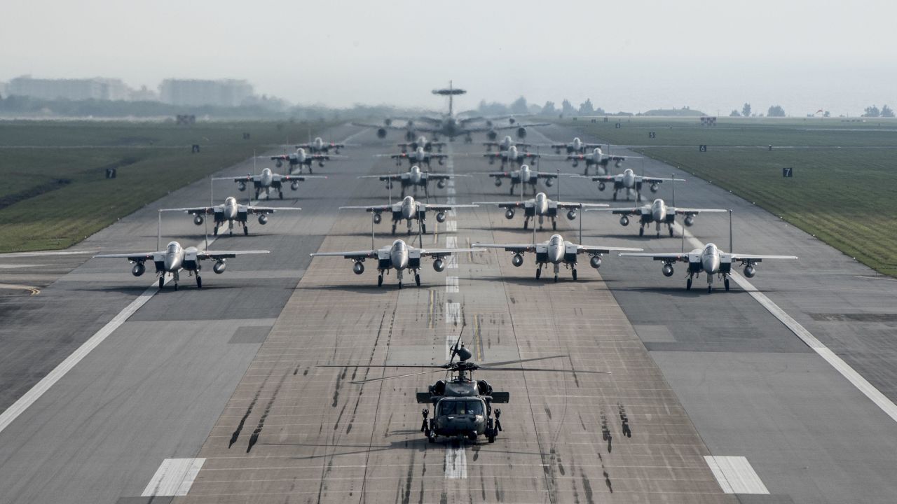 US Air Force planes conduct an exercise on April 12, 2017, at Kadena Air Base, Japan. 