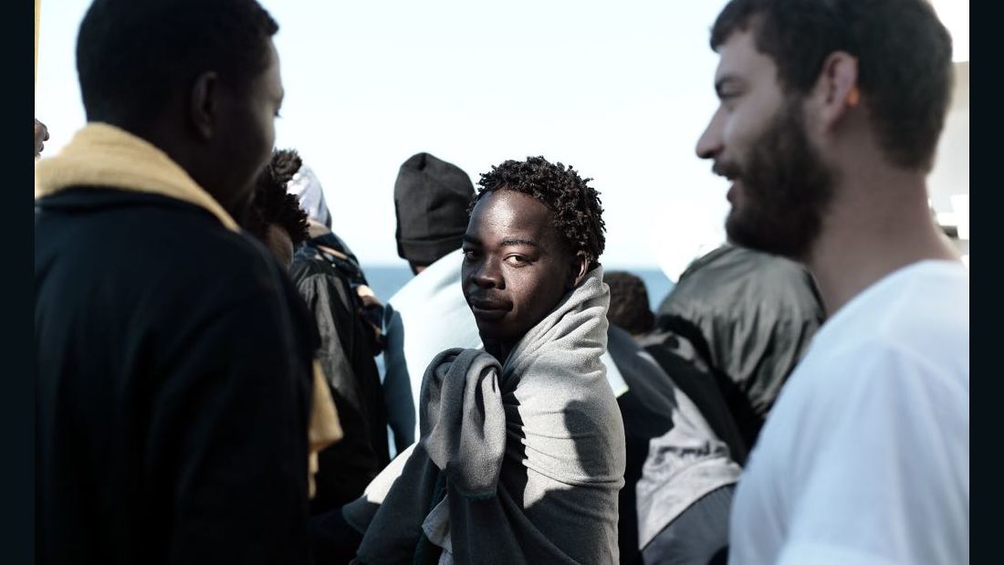 Migrants on board the rescue ship Aquarius as it sailed for Spain. 