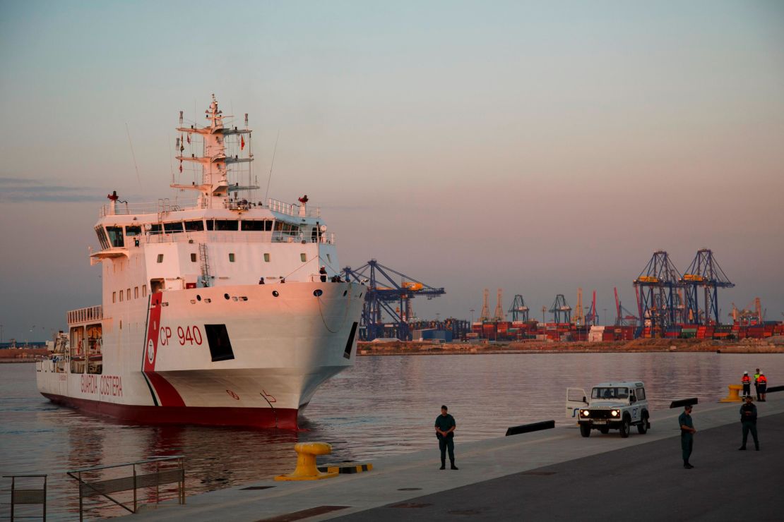 Italian coast guard vessel Dattilo carrying migrants at the port of Valencia, Spain on June 17. Italian Interior Minister Matteo Salvini had previously refused entry to the migrants. 