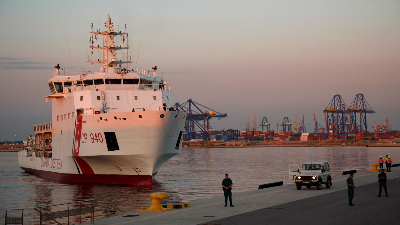Italian coast guard vessel Dattilo carrying migrants at the port of Valencia, Spain on June 17. Italian Interior Minister Matteo Salvini had previously refused entry to the migrants.