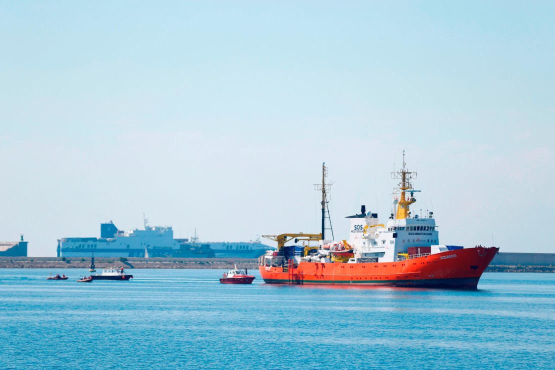 The Aquarius rescue ship enters the port of Valencia, Spain, on Sunday.
