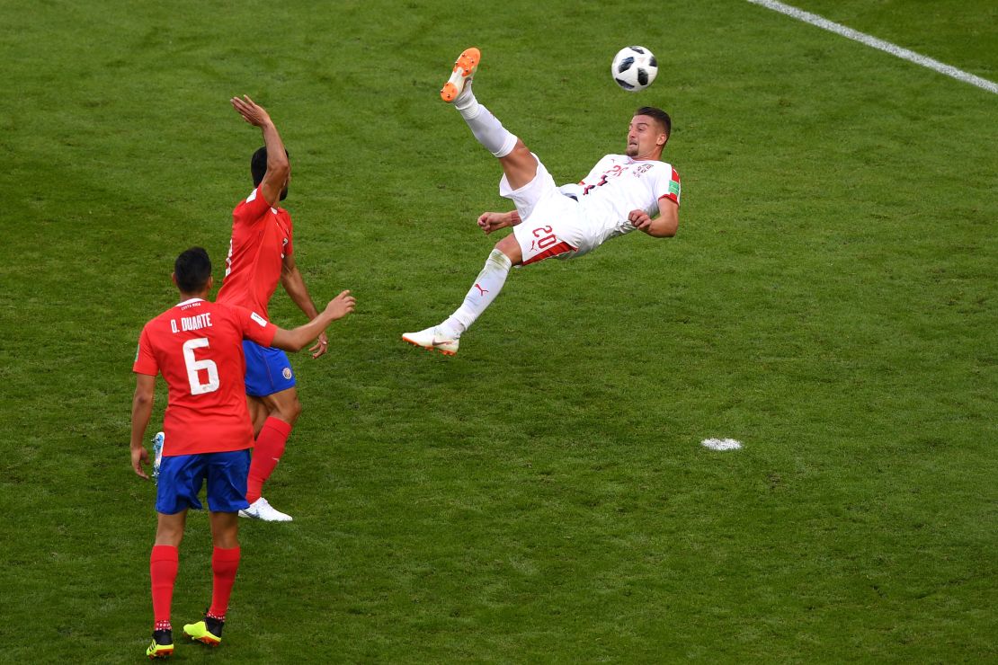 Sergej Milinkovic-Savic of Serbia attempts an overhead kick on goal during the 2018 FIFA World Cup Russia group E match between Costa Rica and Serbia.