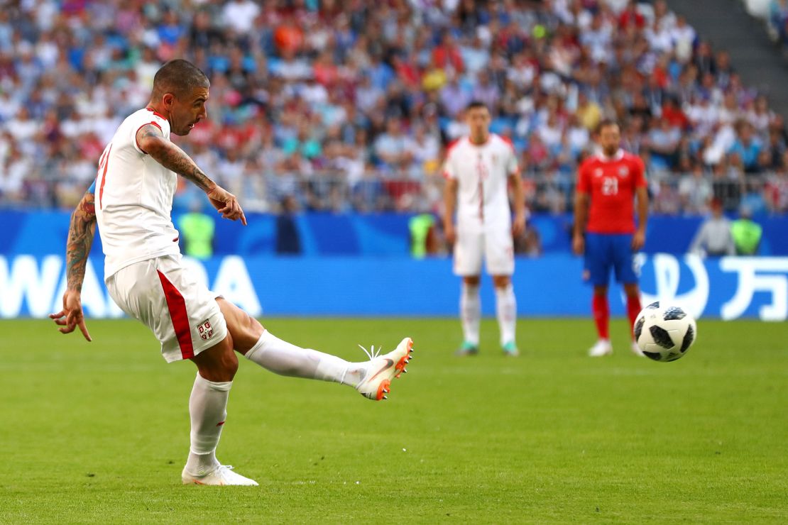 Aleksandar Kolarov of Serbia scores from a free kick during the 2018 FIFA World Cup Russia group E match against Costa Rica.