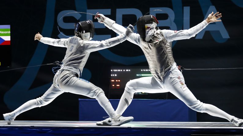Italy's Daniele Garozzo, left, competes against Czech Republic's Alexander Choupenitch at the Fencing European Championships on Saturday, June 16. 