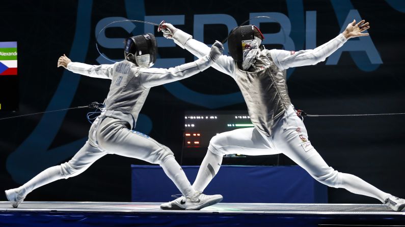 Italy's Daniele Garozzo, left, competes against Czech Republic's Alexander Choupenitch at the Fencing European Championships on Saturday, June 16.