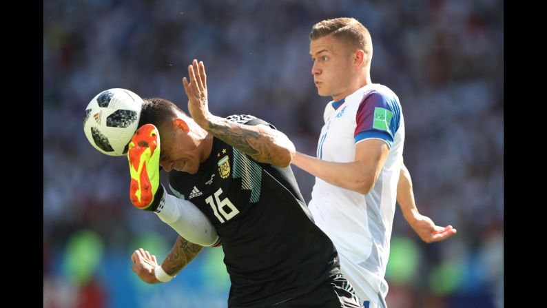 Marcos Rojo of Argentina vies with Alfred Finnbogason of Iceland during a World Cup match between Argentina and Iceland on Saturday, June 16. Iceland held Argentina to a 1-1 draw.