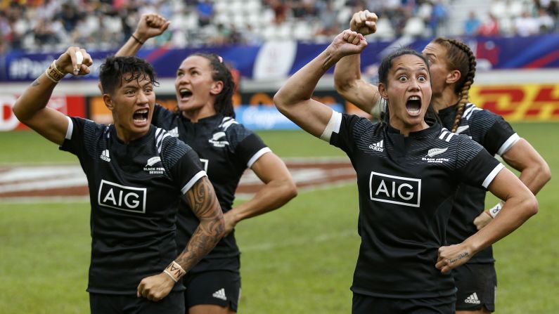 New Zealand's Gayle Broughton, left, and Shiray Kaka perform the haka after defeating Australia and winning the final at the women's tournament in the 2018 Rugby World Cup Sevens on Sunday, June 10 in Paris.