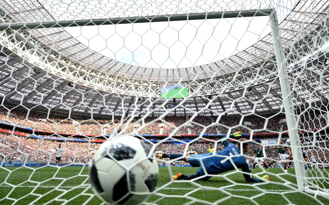 Hirving Lozano of Mexico scores his team's first goal past Manuel Neuer at the Luzhniki Stadium in Moscow.