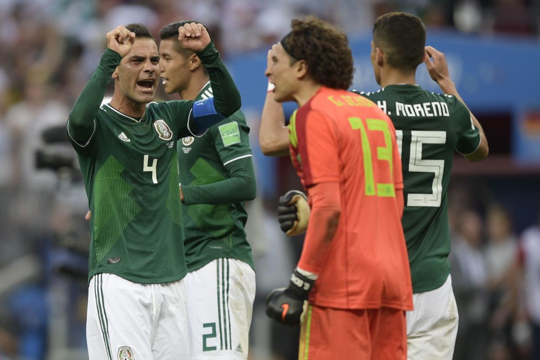 Mexico's players celebrate after winning the Russia 2018 World Cup Group F football match between Germany and Mexico.