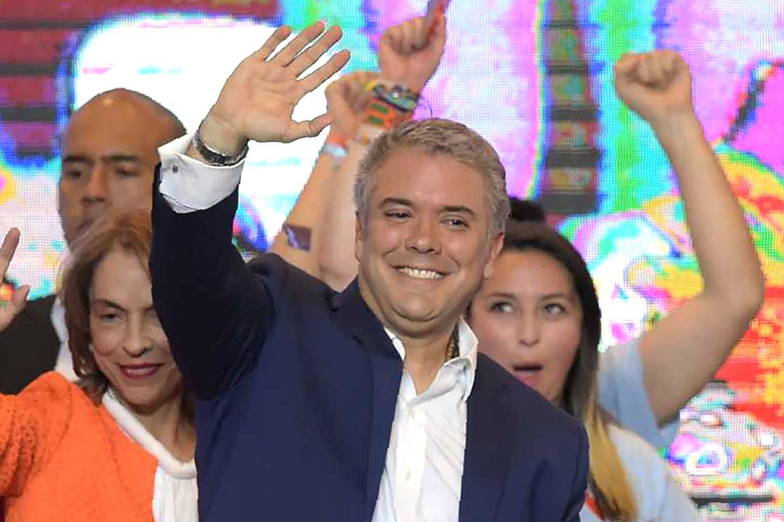 Newly elected Colombian President Ivan Duque celebrates with supporters in Bogota. 