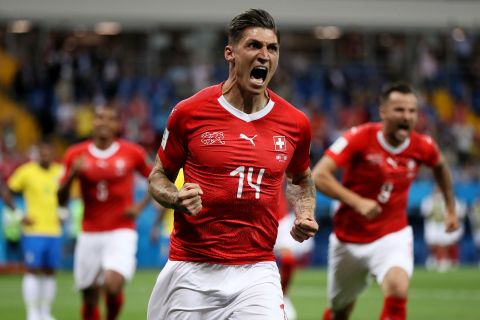 Switzerland's Steven Zuber celebrates after scoring a goal against Brazil on June 17. The two teams tied 1-1.