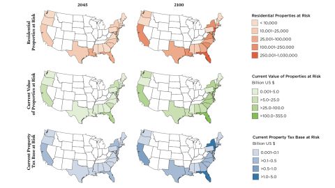 In the contiguous US, according to a new study from the Union of Concerned Scientists, more than 310,000 existing homes are projected to be at risk of chronic inundation by 2045, a number that grows to nearly 2.4 million by the end of the century. These maps from the study show what states have the most residential properties at risk in 2045 and 2100. 