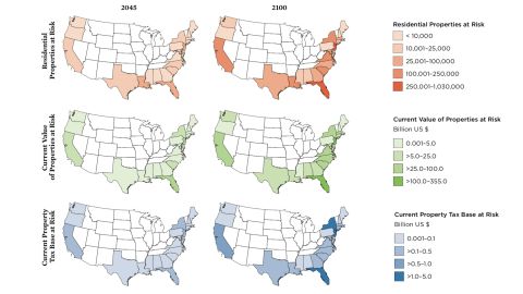 In the contiguous US, according to a new study from the Union of Concerned Scientists, more than 310,000 existing homes are projected to be at risk of chronic inundation by 2045, a number that grows to nearly 2.4 million by the end of the century. These maps from the study show what states have the most residential properties at risk in 2045 and 2100.