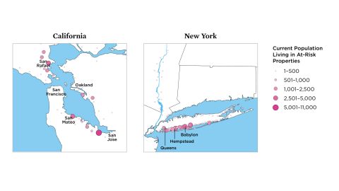 According to the study, densely populated areas in California and New York face significant exposure to chronic inundation by 2045. These snapshots from the study show just how many people are currently living in at-risk properties. 