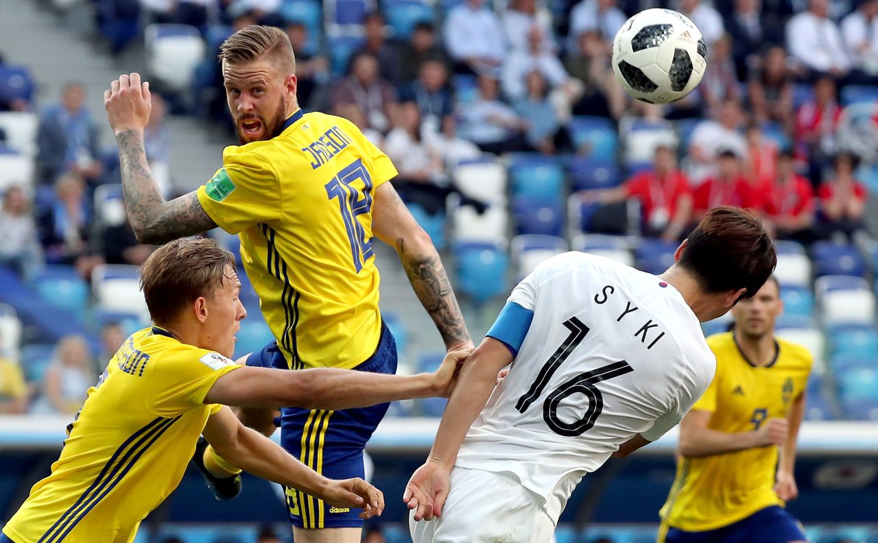 Sweden's Pontus Jansson, top left, and South Korea's Ki Sung-yueng try to head the ball during Sweden's 1-0 victory on June 18.