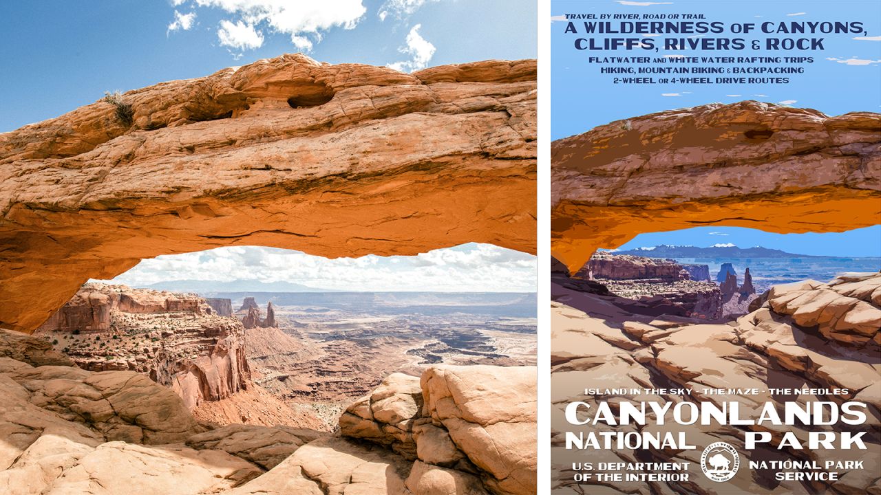 Inspired by the Works Progress Administration of the 1930s, Rob Decker created the National Park Poster Project to draw attention to the US National Parks. CNN paired his posters with photos from the parks to create diptychs, including this one from Canyonlands National Park in Utah.