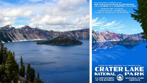A diptych of Wizard Island at Crater Lake National Park (picture left, poster right)