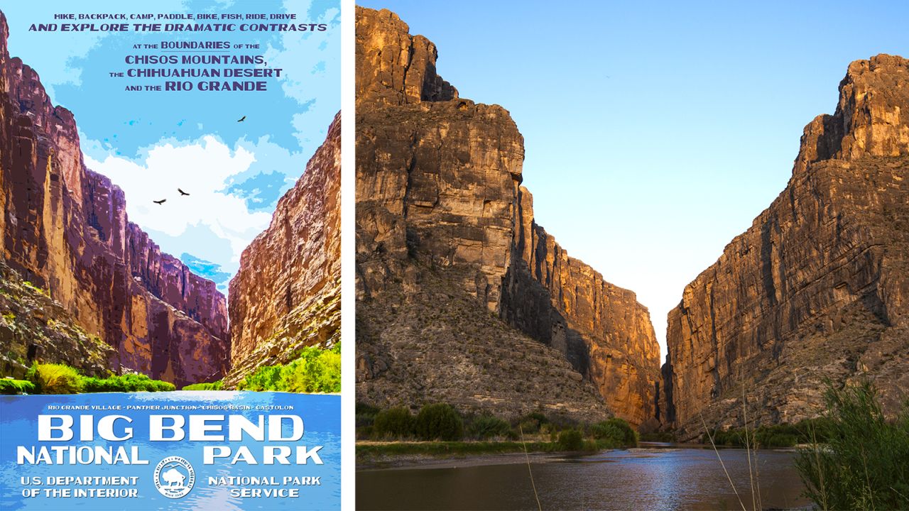 A diptych of Santa Elena Canyon at Big Bend National Park (poster left, picture right). 