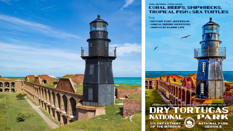 <strong>Dry Tortugas National Park, Florida: </strong>Artist Rob Decker created the poster on the right as part of the <a href="index.php?page=&url=https%3A%2F%2Fcnn.com%2Ftravel%2Farticle%2Fnational-park-service-posters%2Findex.html" target="_blank">National Park Poster Project</a>, a body of work inspired by the Works Progress Administration (WPA) campaign in the late 1930s. 