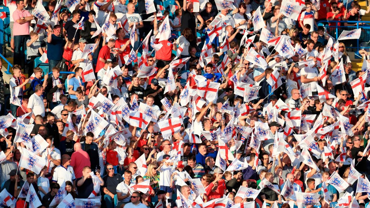 England fans in the stands wave flags during an  International Friendly match against Costa Rica in June