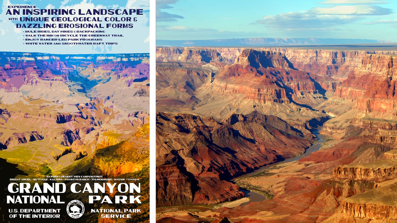 A diptych of the view near the trailhead for the Bright Angel trail at Grand Canyon National Park (poster left, picture right) 