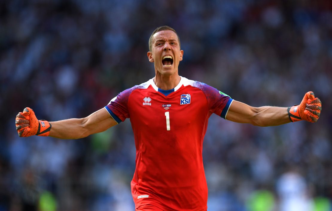 Halldórsson celebrates after teammate Alfred Finnbogason scored his team's first goal against Argentina.