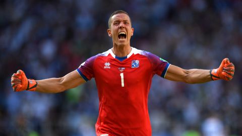 Halldórsson celebrates after teammate Alfred Finnbogason scored his team's first goal against Argentina.