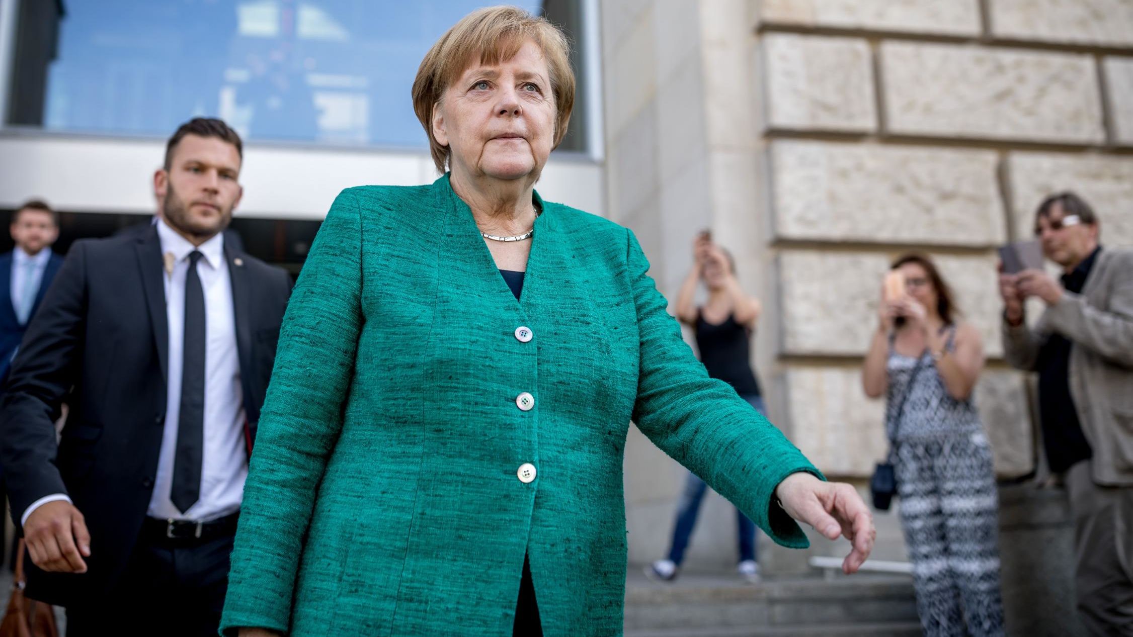 Merkel leaves the German parliament after a CDU leadership meeting Thursday. 