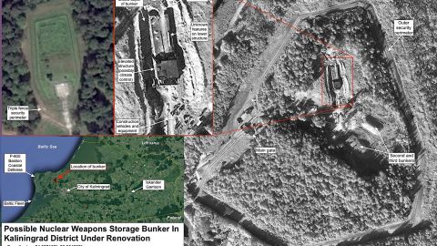 A satellite image from the Federation of American Scientists that apparently shows a buried nuclear weapons storage bunker in the Kaliningrad region, which the group says has been under major renovation since mid-2016.