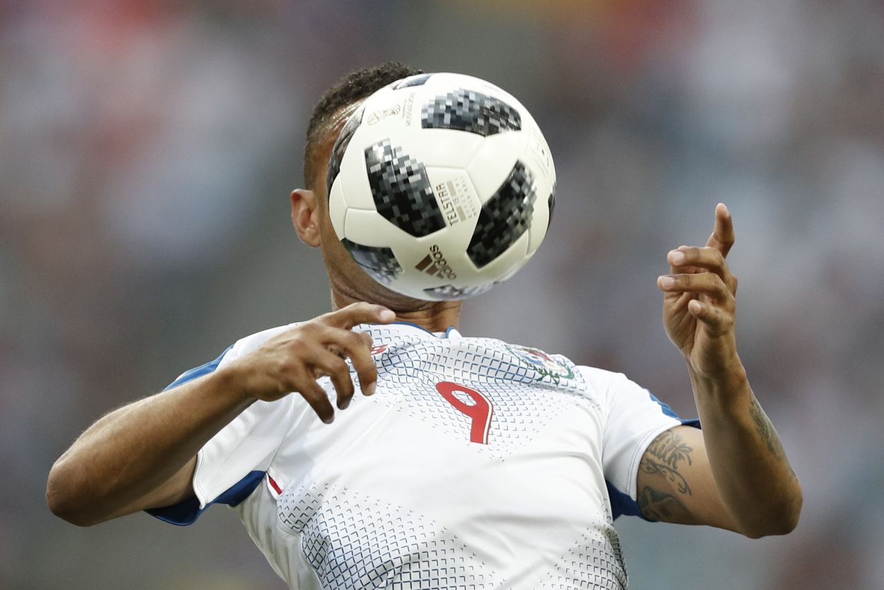 Panamanian forward Gabriel Torres controls the ball during the match against Belgium.