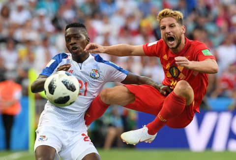 Belgium's Dries Mertens, right, competes for the ball with Panama's Jose Luis Rodriguez during their World Cup opener on June 18. Mertens scored a goal in Belgium's 3-0 victory.