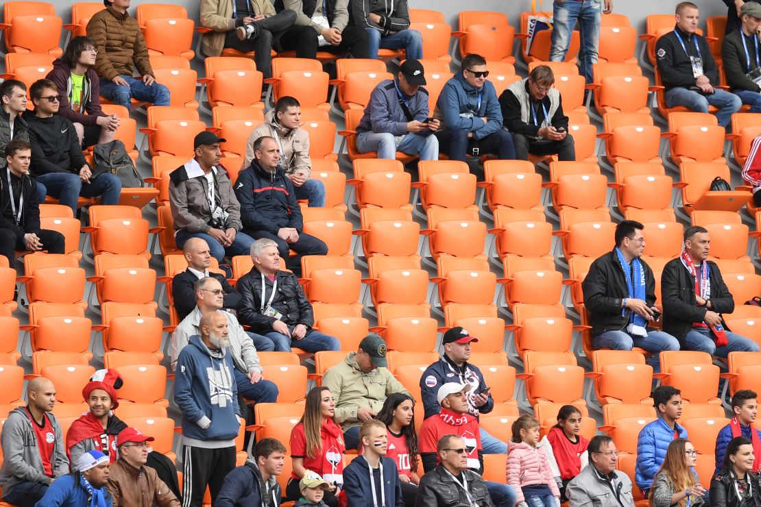 Empty seats are seen in the stands during the 2018 FIFA World Cup Russia group A match between Egypt and Uruguay at Ekaterinburg Arena.