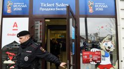 A Russian police officer leaves the newly opened FIFA main ticket office in central Moscow on April 18, 2018.
Tickets including electronic tickets for the 2018 FIFA World Cup in Russia, will be on sale in this office from May 1, 2018. / AFP PHOTO / Kirill KUDRYAVTSEV        (Photo credit should read KIRILL KUDRYAVTSEV/AFP/Getty Images)