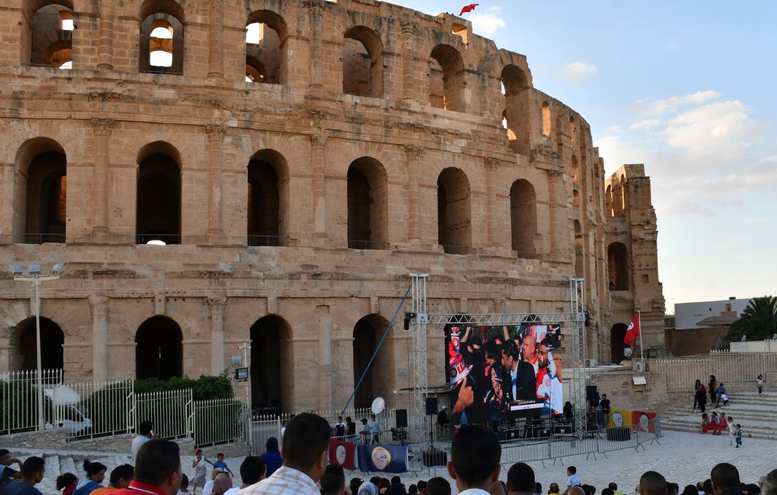 Tunisian fans watch the Russia 2018 World Cup Group G football match between Tunisia and England in the ancient Roman Coliseum of in El-Jem, south of Tunis.