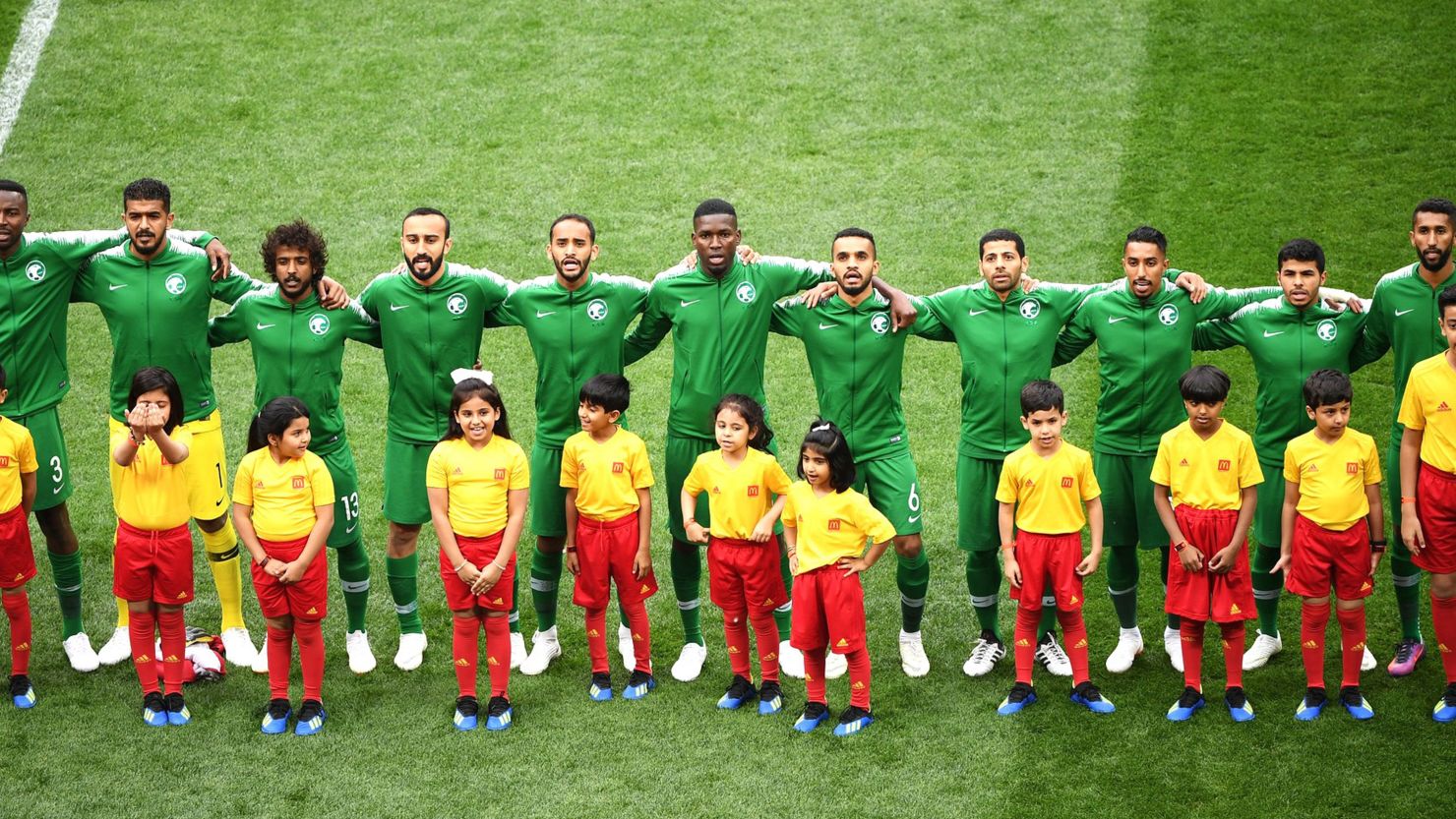 The Saudi Arabia squad sing their national anthem prior to the FIFA World Cup Russia Group A match between Russia and Saudi Arabia.