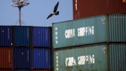 A bird flies past China Shipping Container Lines Co. containers at the Port of Los Angeles in Los Angeles, California, U.S., on Wednesday, March 28, 2018. Long-only exchange-traded funds (ETFs) linked to broad baskets of energy, metals and agricultural products attracted $2.66 billion this quarter, Bloomberg Intelligence estimates show. While that's the largest quarterly inflow in data going back to 2005, the stream of money slowed in March as the U.S.-China trade row clouded the outlook for economic growth. Photographer: Patrick T. Fallon/Bloomberg via Getty Images