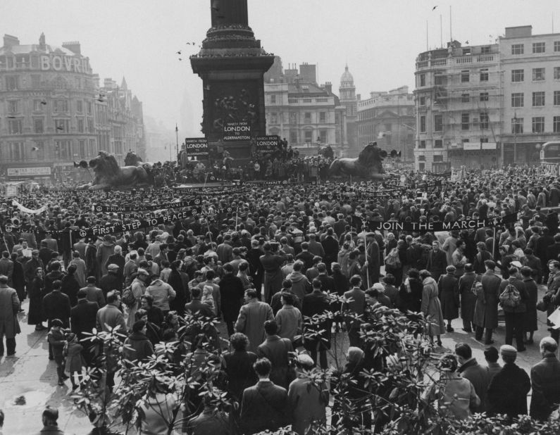 Demonstrators meet in Trafalgar Square, London, for a four-day protest march to the Atomic Weapons Research Establishment at Aldermaston, Berkshire, on April 4, 1958.