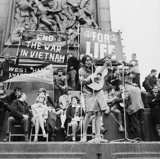 Joan Baez performs at an anti-Vietnam War demonstration in London's Trafalgar Square in May 1965. 