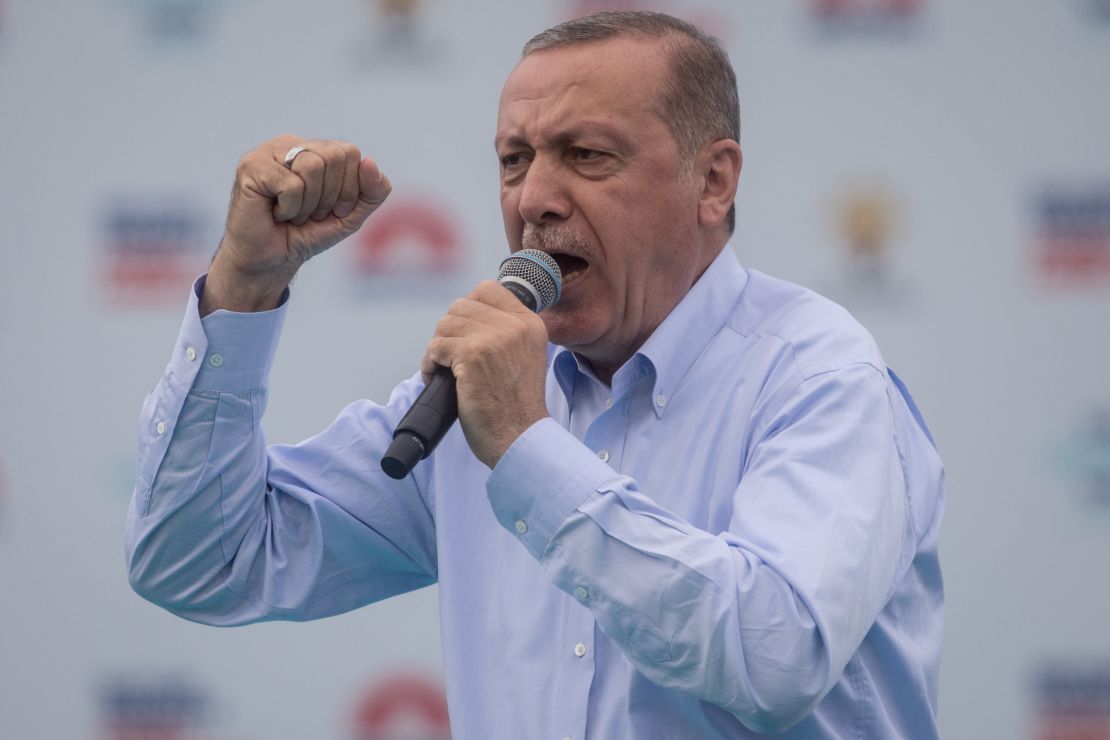 President Recep Tayyip Erdogan at an election rally in Istanbul on June 17.