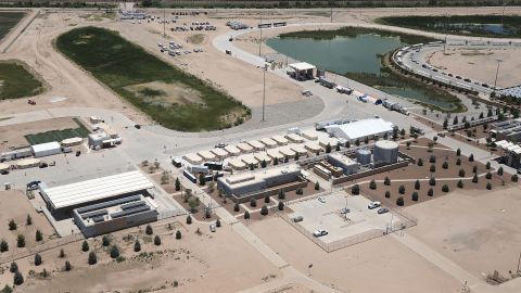 An aerial photo of the temporary shelter in Tornillo. 
