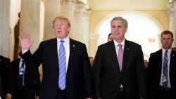 US President Donald Trump (L) walks next to US House Majority Leader Kevin McCarthy (R-CA) after a meeting at the US Capitol with the House Republican Conference in Washington, DC on June 19, 2018. (Photo by Mandel Ngan / AFP)        (Photo credit should read MANDEL NGAN/AFP/Getty Images)