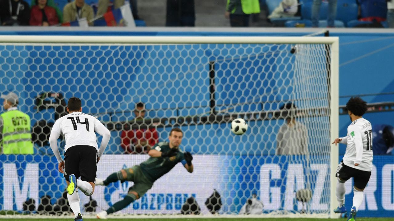 Salah scores from the spot to open his World Cup scoring account.