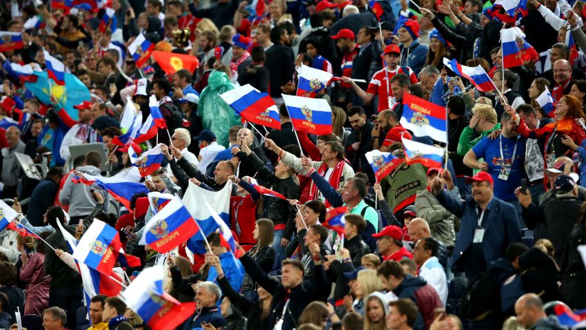 SAINT PETERSBURG, RUSSIA - JUNE 19:  Russia fans celerbate their sides victory in the 2018 FIFA World Cup Russia group A match between Russia and Egypt at Saint Petersburg Stadium on June 19, 2018 in Saint Petersburg, Russia.  (Photo by Alex Livesey/Getty Images)