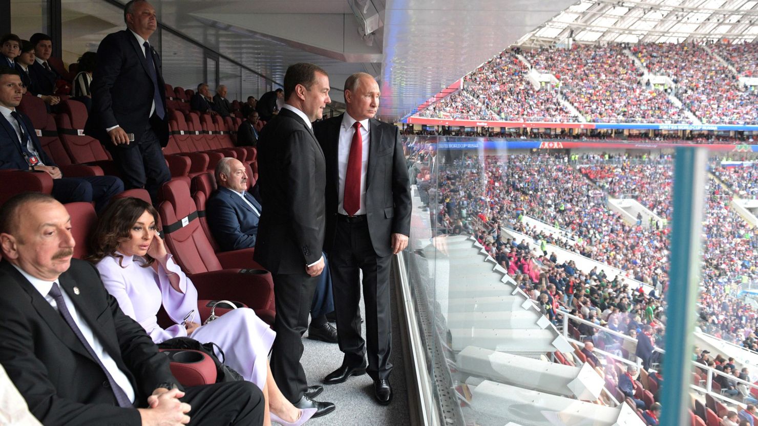 Vladimir Putin and Dmitry Medvedev attend the World Cup opening ceremony on Thursday.  