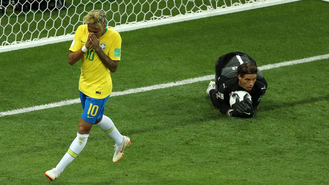 Neymar Jr. of Brazil reacts follwing a save by Sommer.